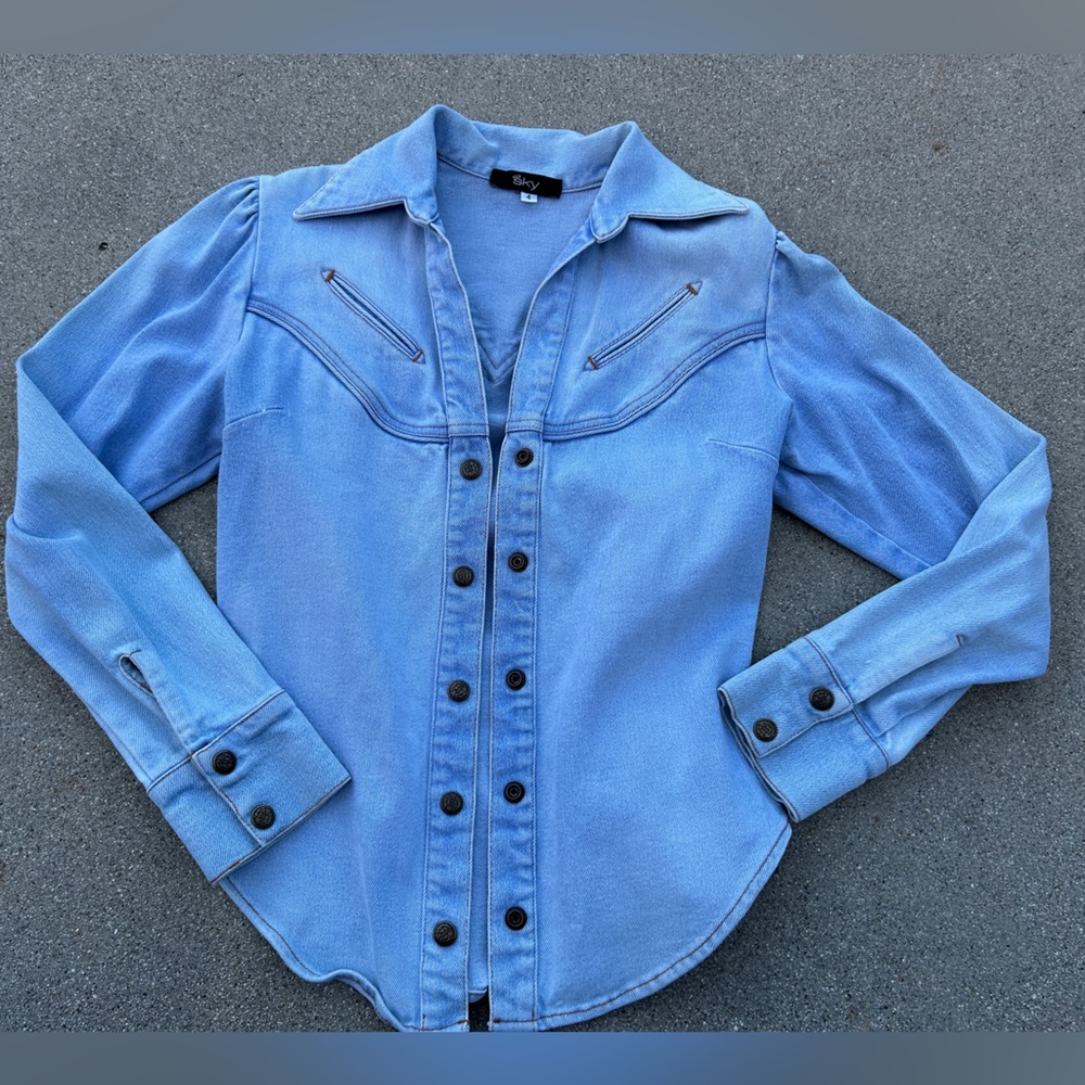 Sky Light Blue Denim Jacket Women Size 4 - Picture 6 of 9